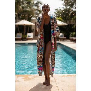 African Chufy Multi Color Graphic Giraffe Print Long Kimono ‎ OS Boho Beach
